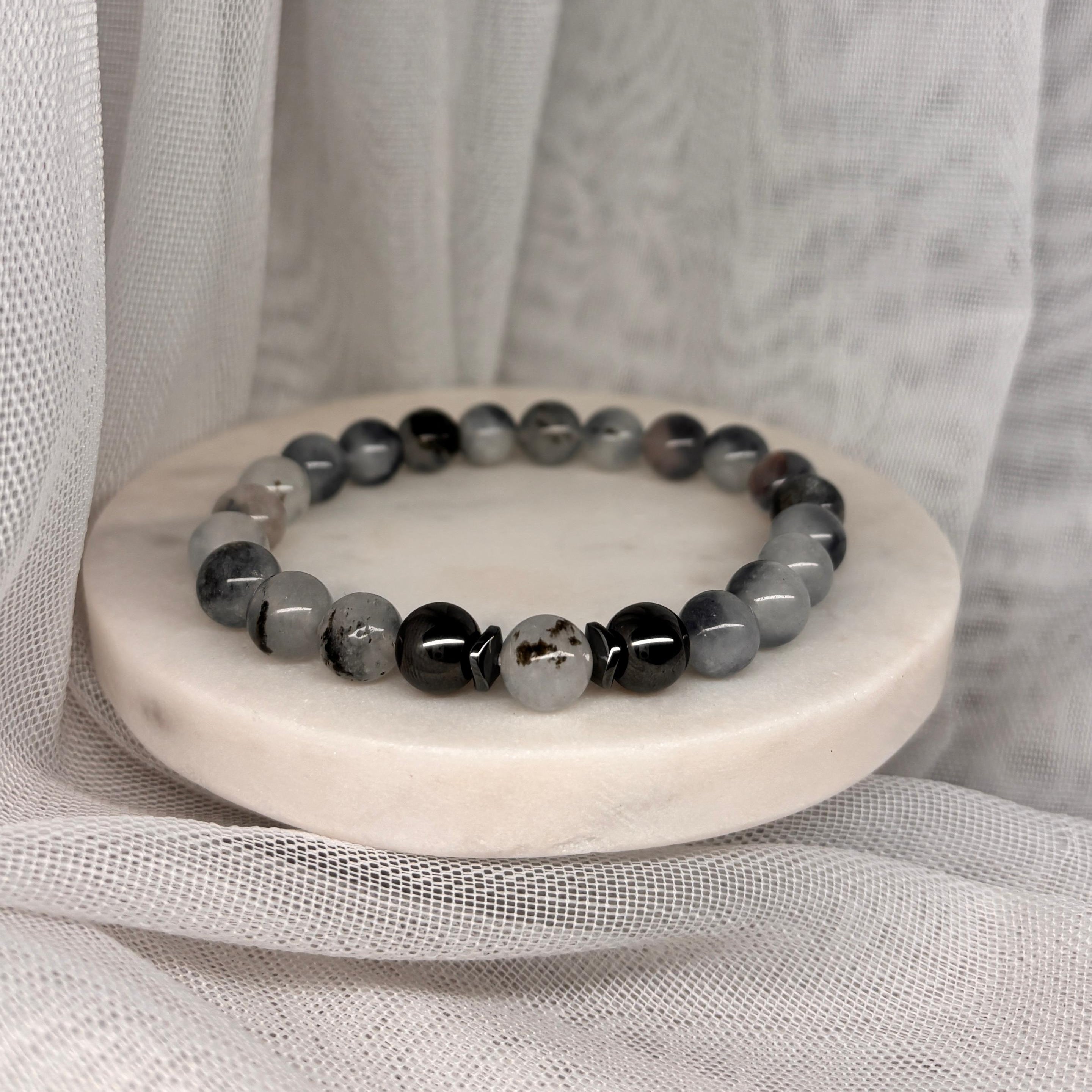 Armband aus natürlichen Edelsteinen - Grauer Jade mit Hämatit